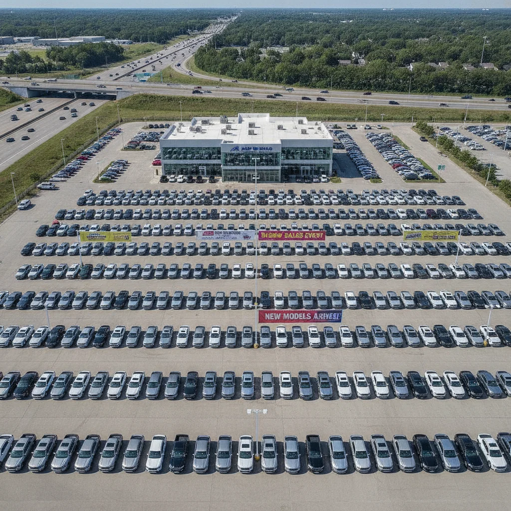 Aerial drone view of a large dealership lot filled with rows of new SUVs and trucks