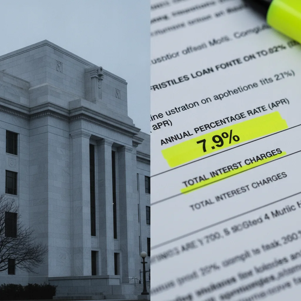 Federal Reserve building alongside a car loan document with interest rate highlighted, illustrating rate impact
