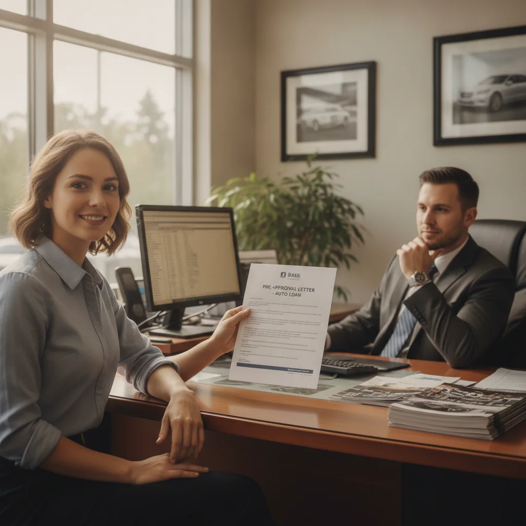 Car buyer presenting a bank pre-approval letter to a dealership finance manager during negotiation