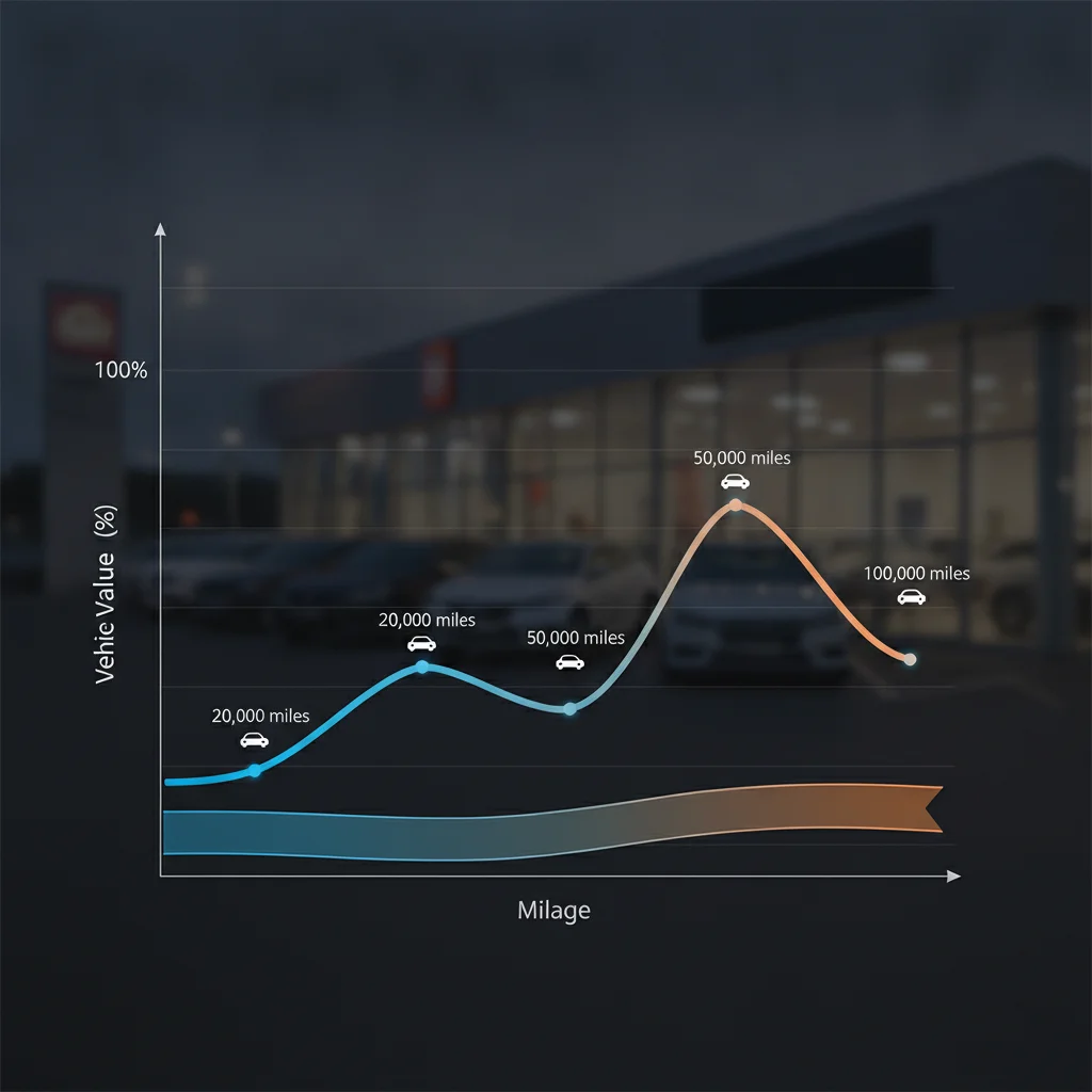 Graph showing a car depreciation curve with steep drops at key mileage thresholds