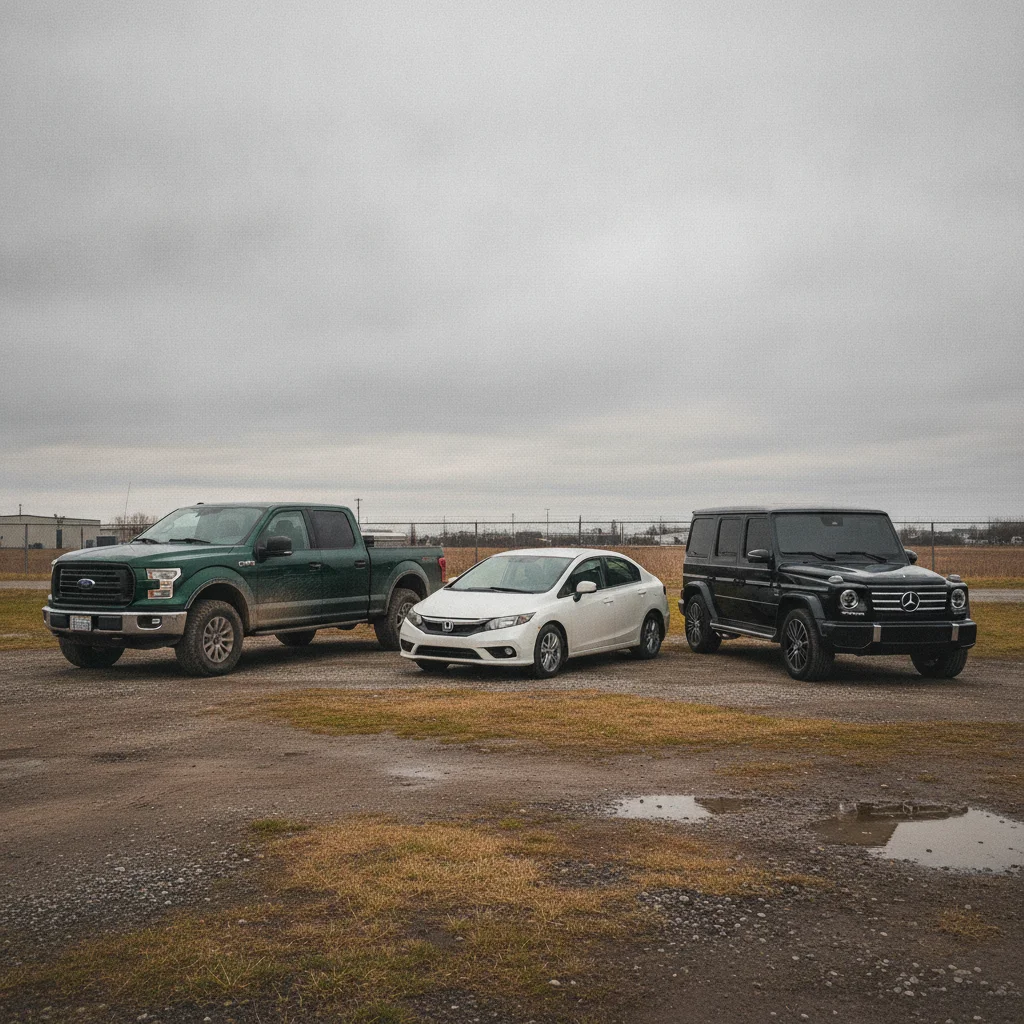 Pickup truck, compact sedan, and luxury SUV parked side by side in a dealership lot