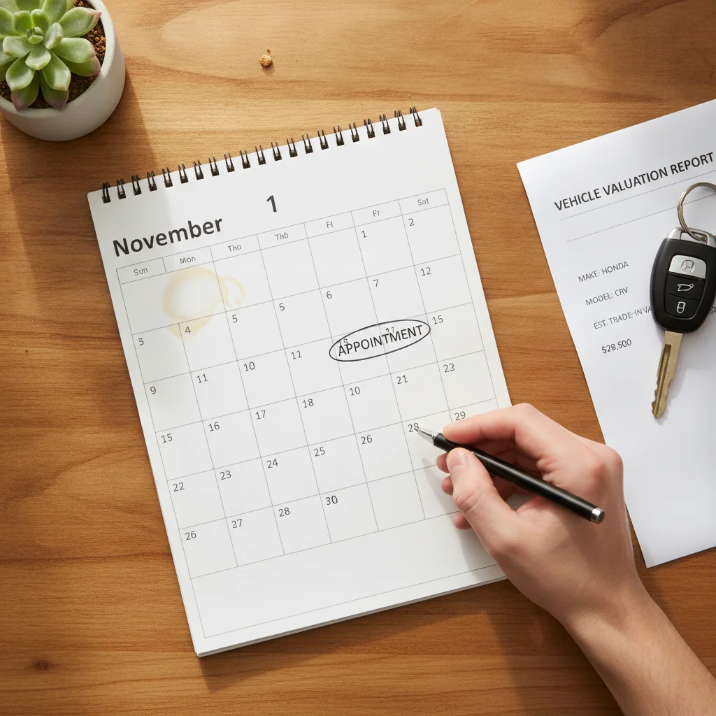 Calendar, car key, and vehicle valuation printout on a desk representing sale timing planning