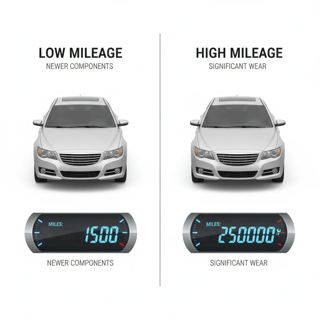 Two identical cars side by side with different odometer readings showing mileage comparison