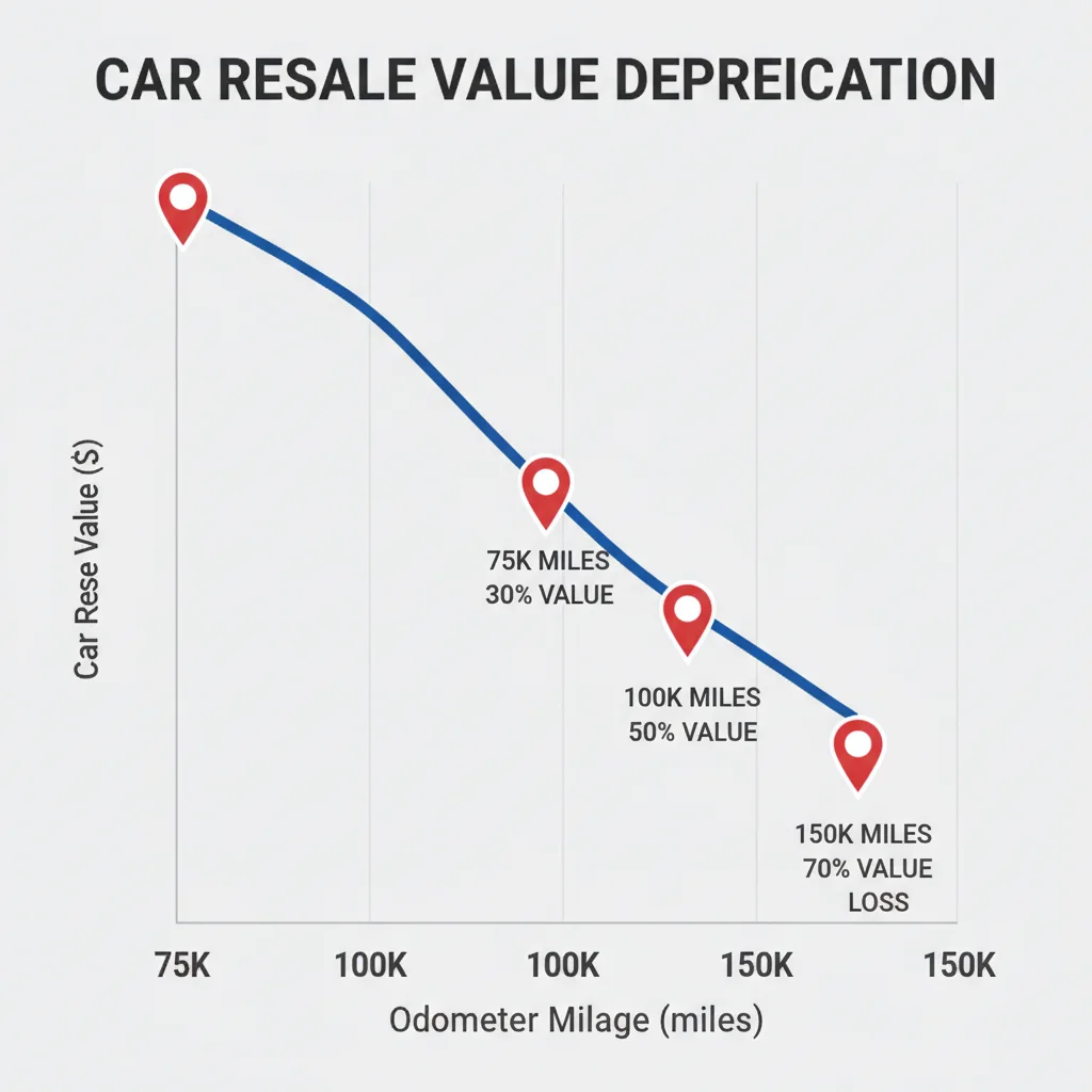 Graph showing car resale value declining sharply at key mileage thresholds of 75k, 100k, and 150k miles