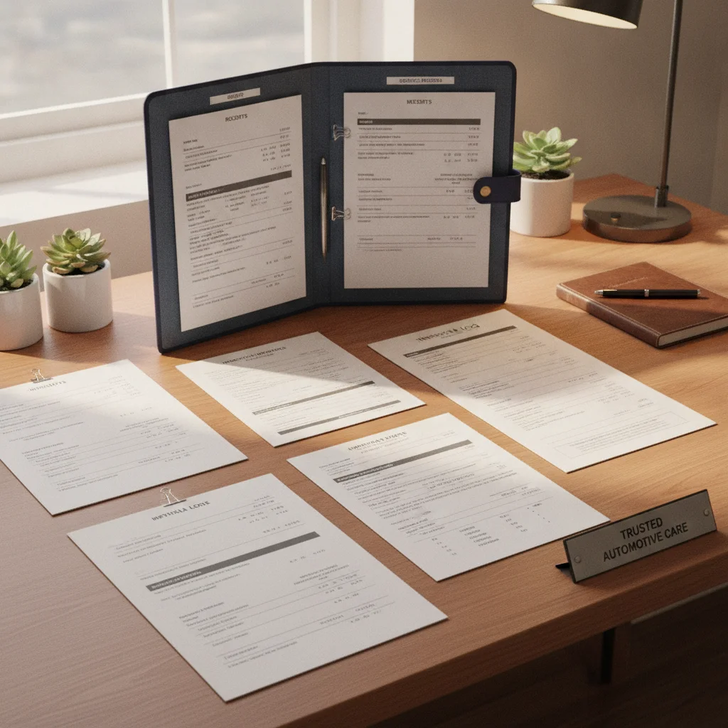 Organized folder of car maintenance records and service receipts on a desk