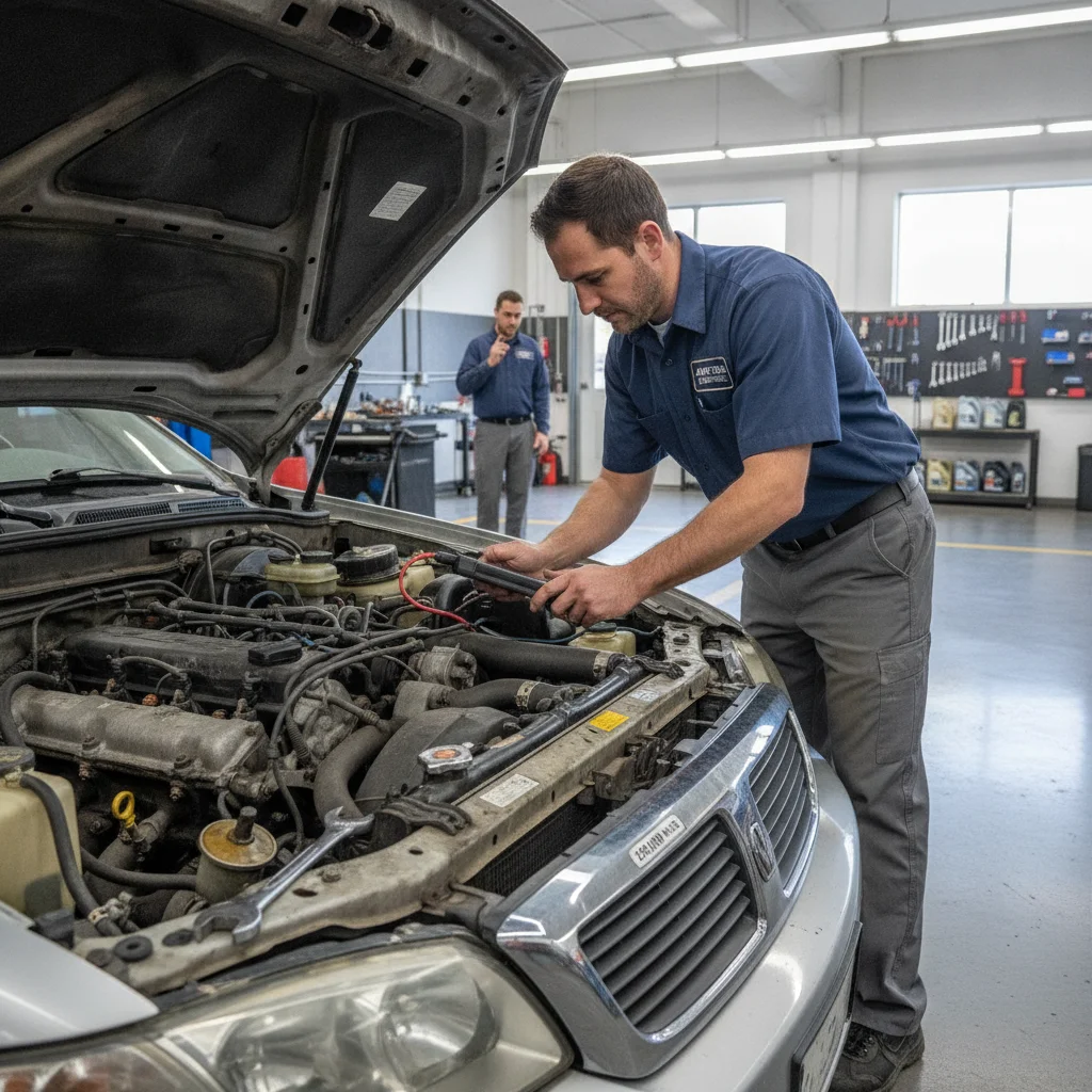 Mechanic performing a pre-purchase inspection on a used high-mileage vehicle in a garage