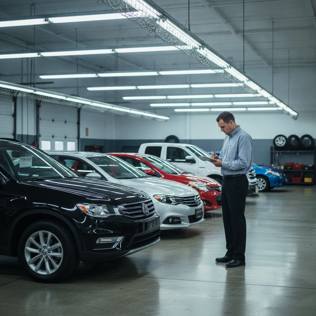 Multiple used cars lined up in a dealership appraisal bay with a dealer appraiser taking notes