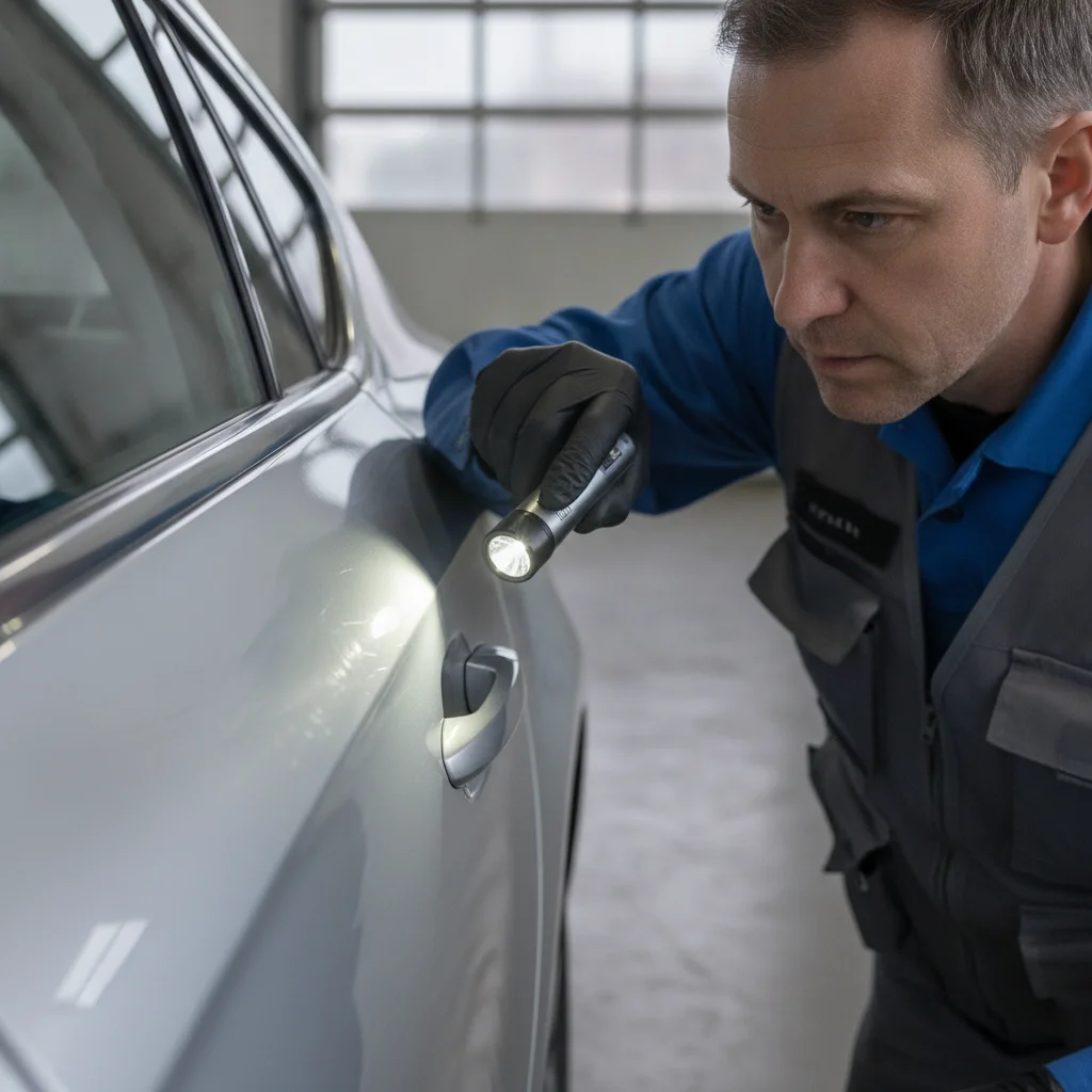 Dealer inspector using a flashlight to examine paint scratches and a dent on a used car door panel