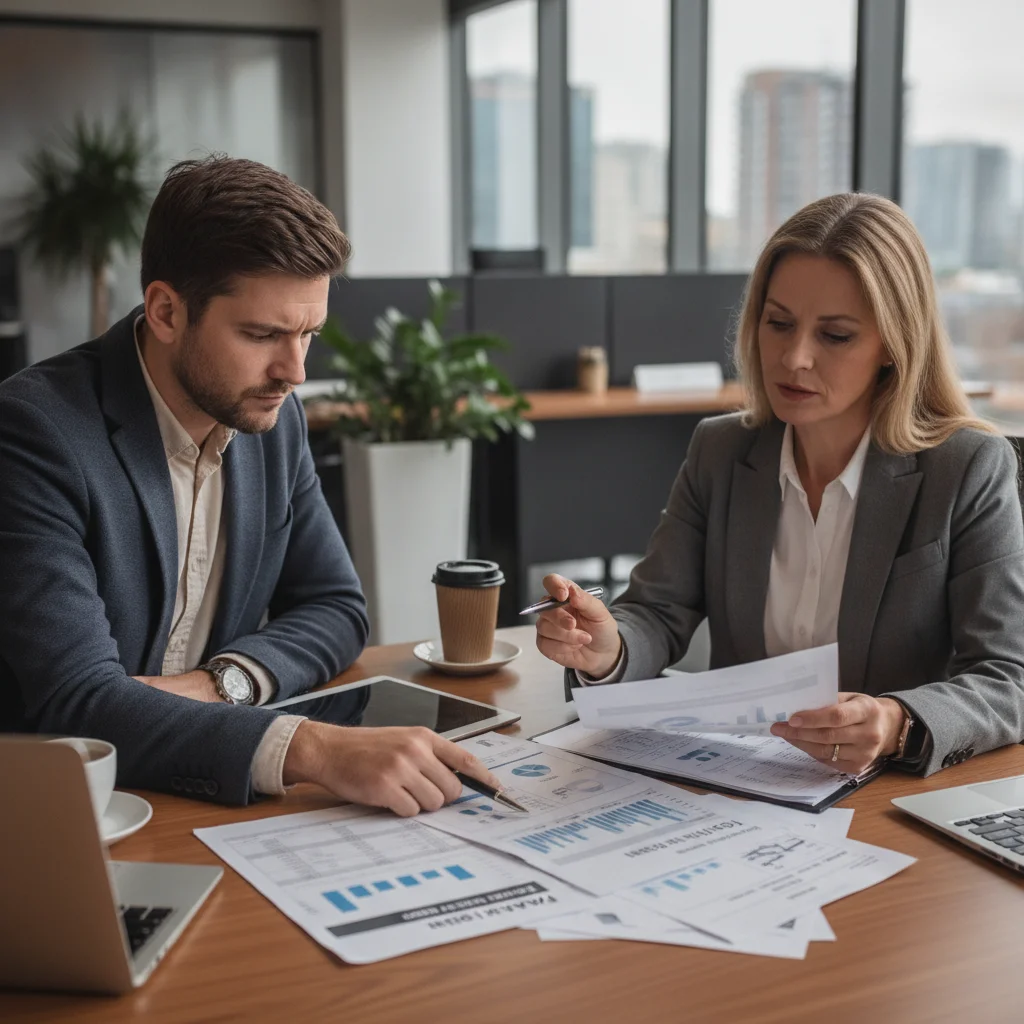 Car buyer and dealership finance manager reviewing printed trade-in appraisal documents at a desk