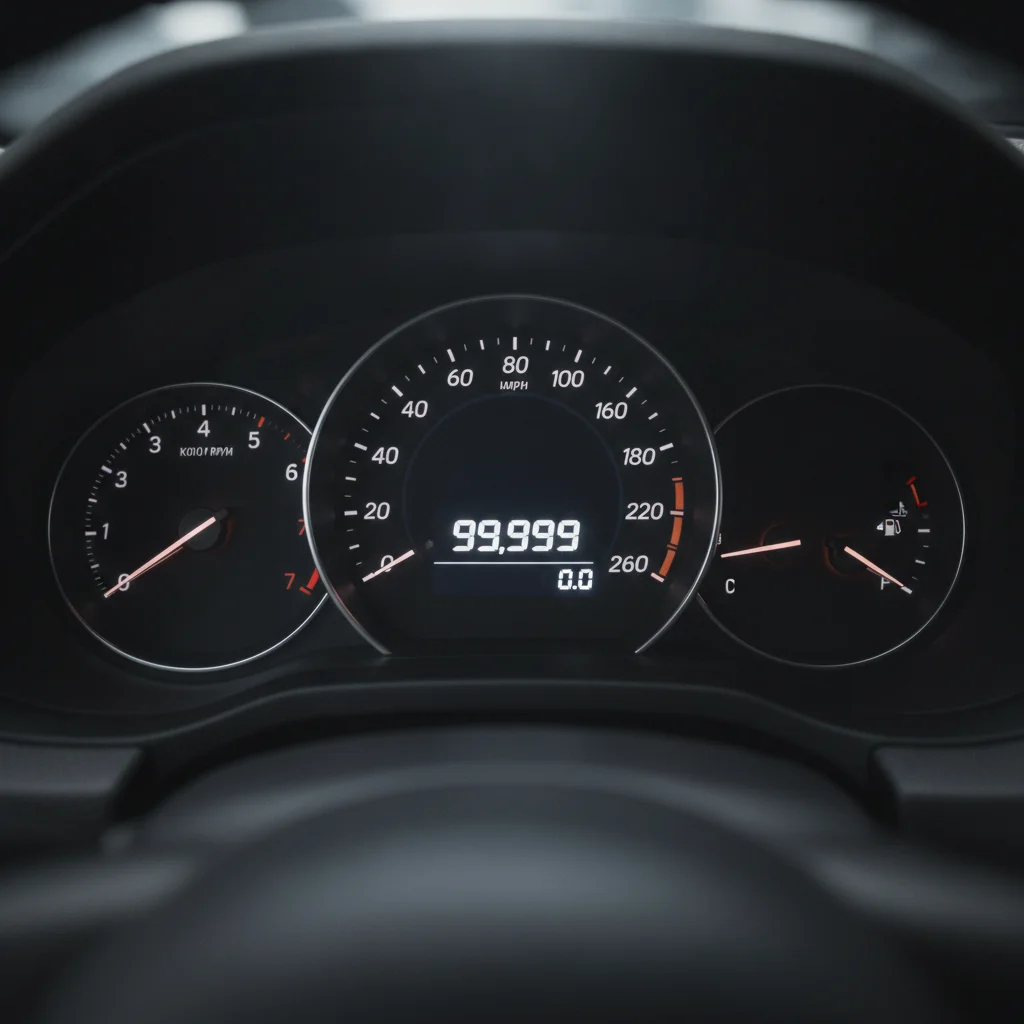 Car instrument cluster showing odometer reading approaching 100,000 miles in soft dramatic lighting