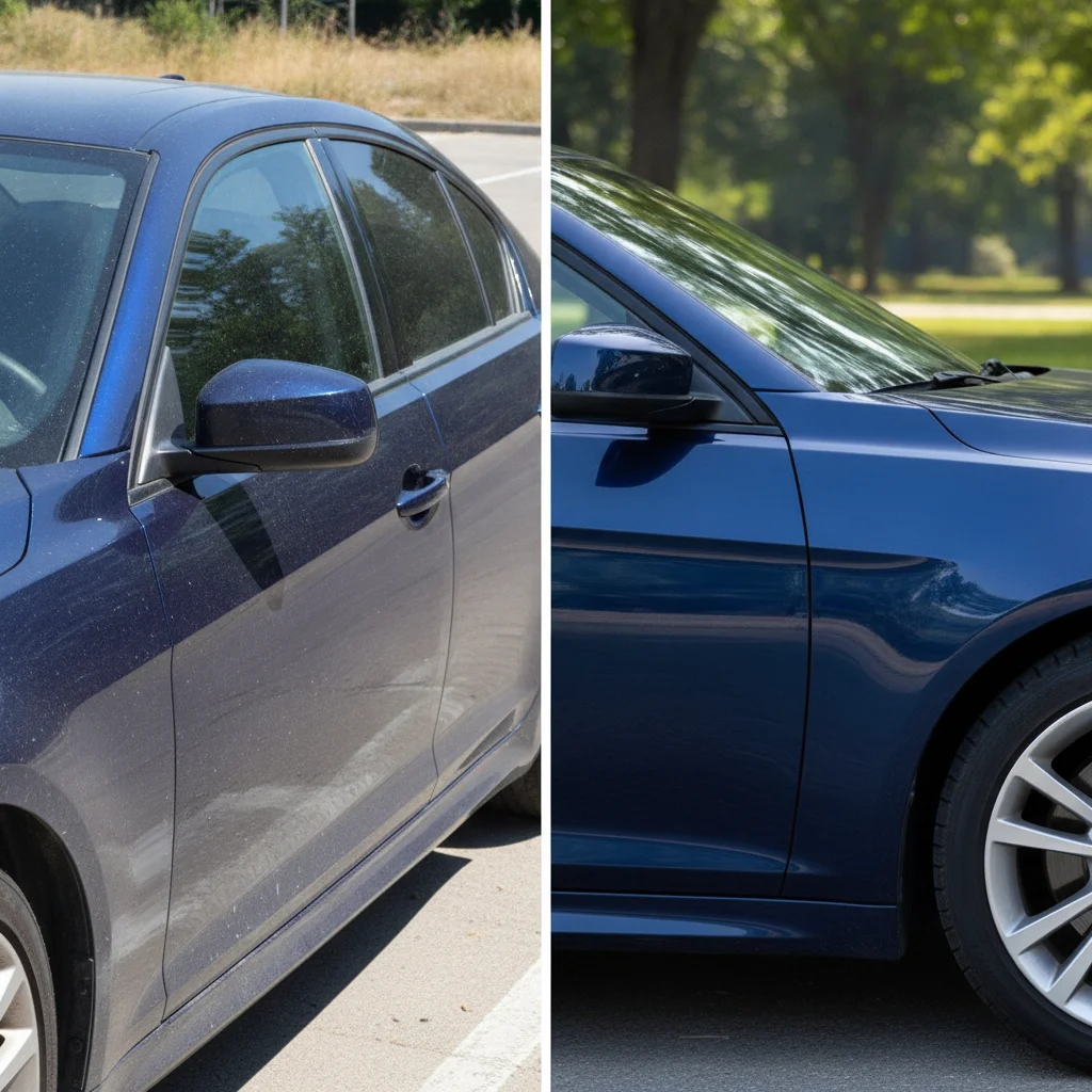 Side-by-side comparison of a car exterior with minor damage versus a clean polished panel in daylight