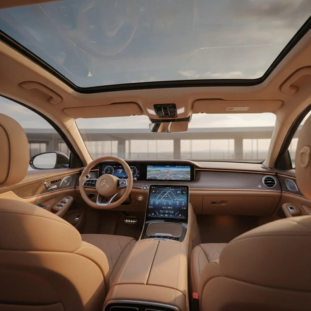 Premium car interior with leather seats, panoramic roof, and large infotainment screen showing higher trim features
