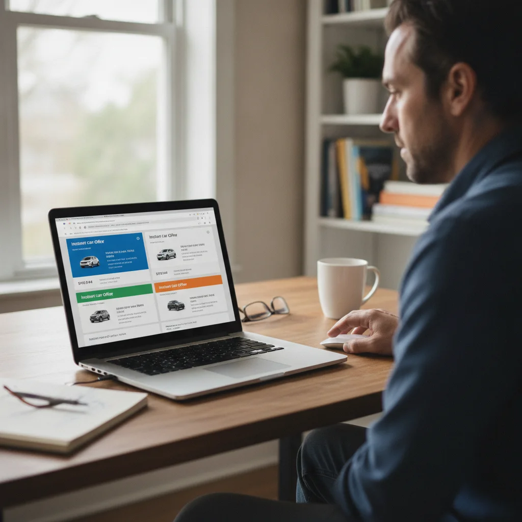 Person at a laptop comparing multiple instant car offer quotes across different platform browser tabs