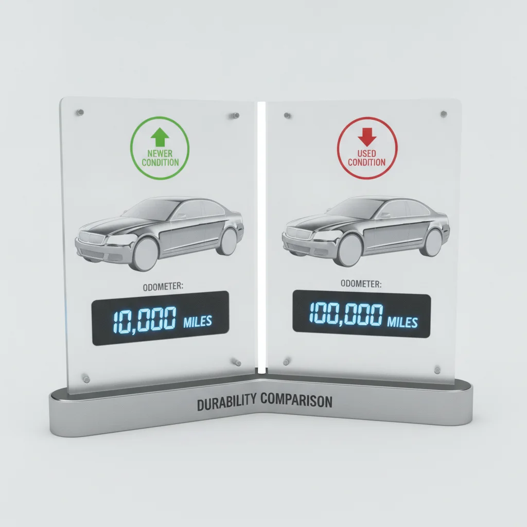 Two identical sedans side by side showing different odometer readings illustrating mileage comparison