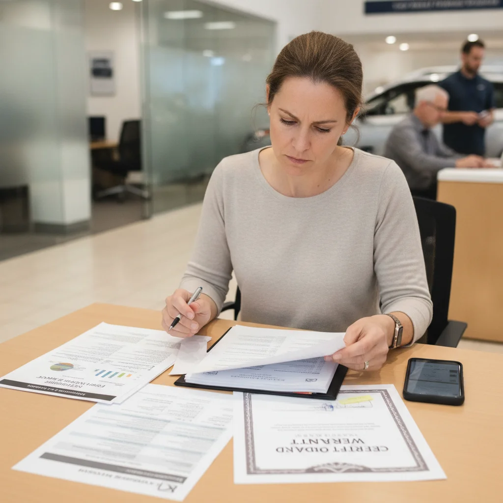 Person reviewing CPO vehicle paperwork including warranty certificate and inspection checklist at dealership