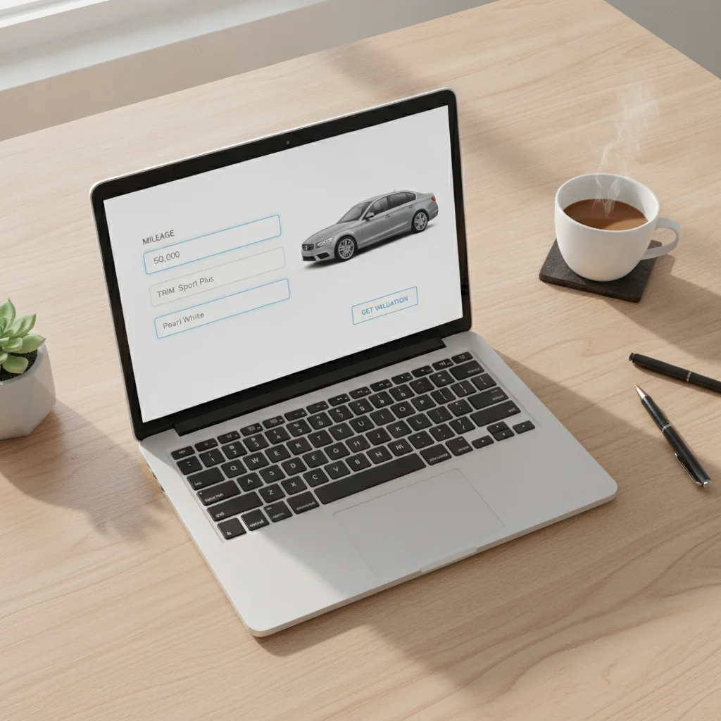 Laptop screen displaying car valuation tool with mileage, trim level, and color input fields highlighted