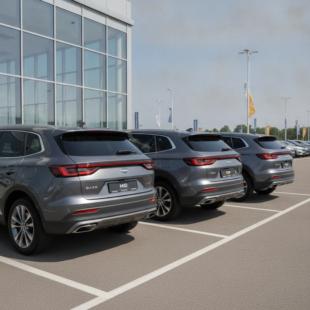 Row of identical SUVs in a dealer lot showing different trim level badges on the rear of each vehicle