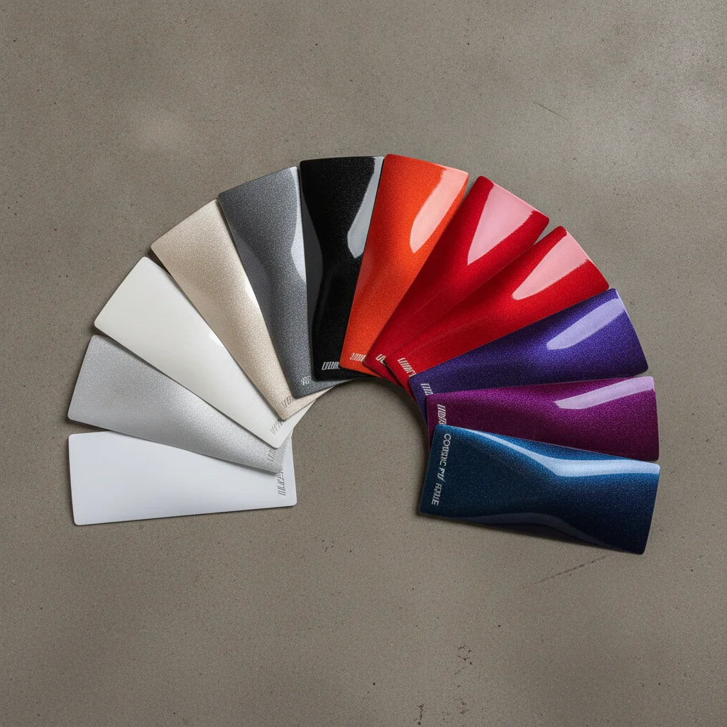 Fan of automotive paint color swatches ranging from neutral whites and silvers to bold reds and unusual colors