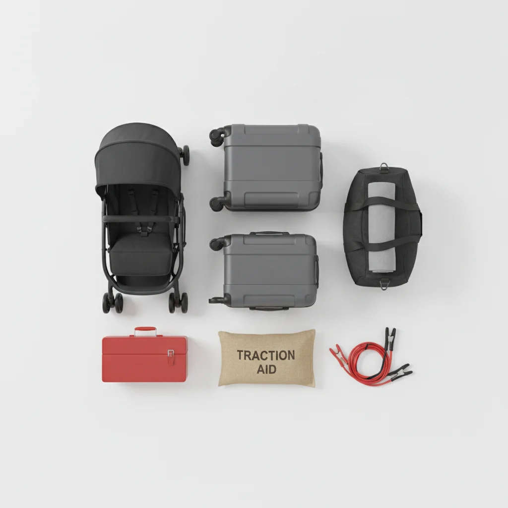 Common car cargo items including luggage, tools, and a stroller laid out flat for weight reference