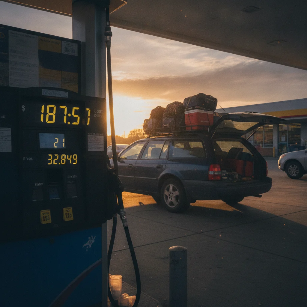 A fuel pump display showing a high dollar amount as a loaded car fills up at a gas station