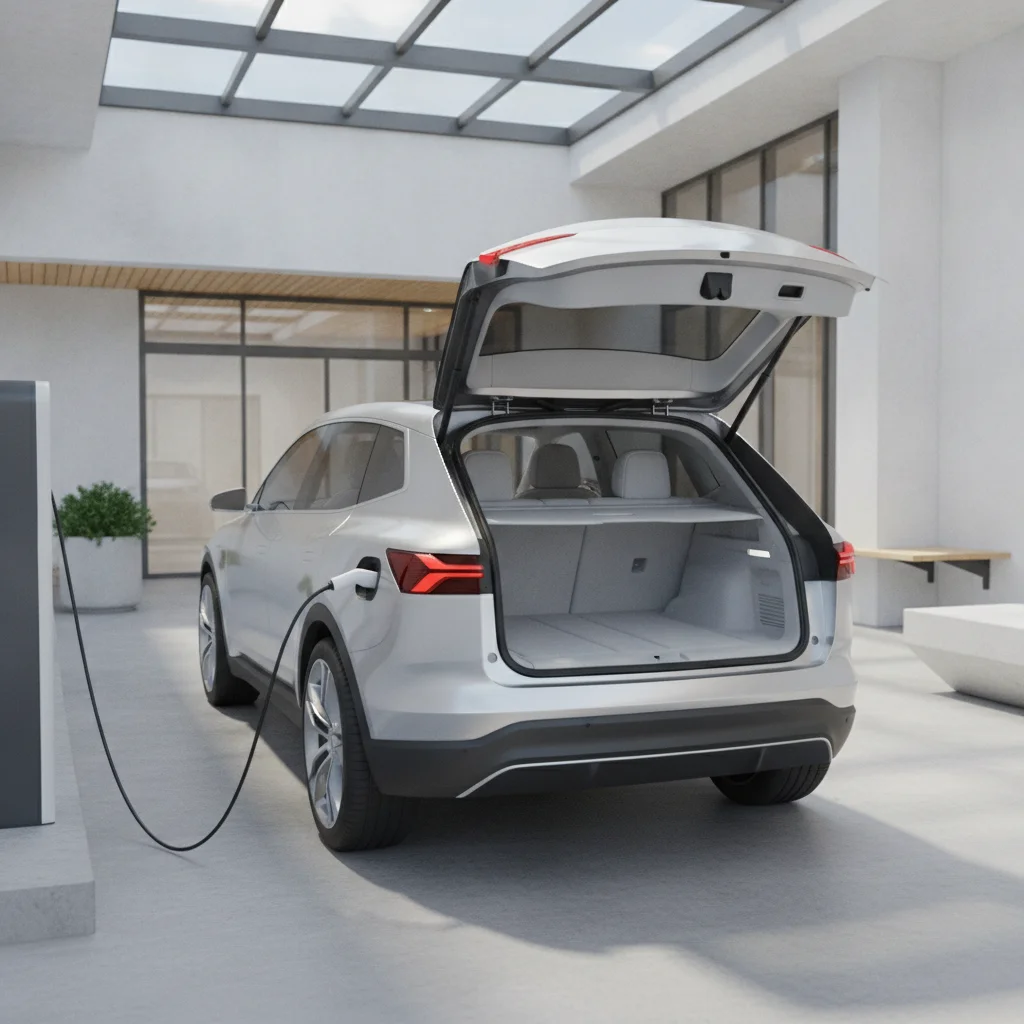 An electric vehicle plugged into a charging station with a visible empty cargo area
