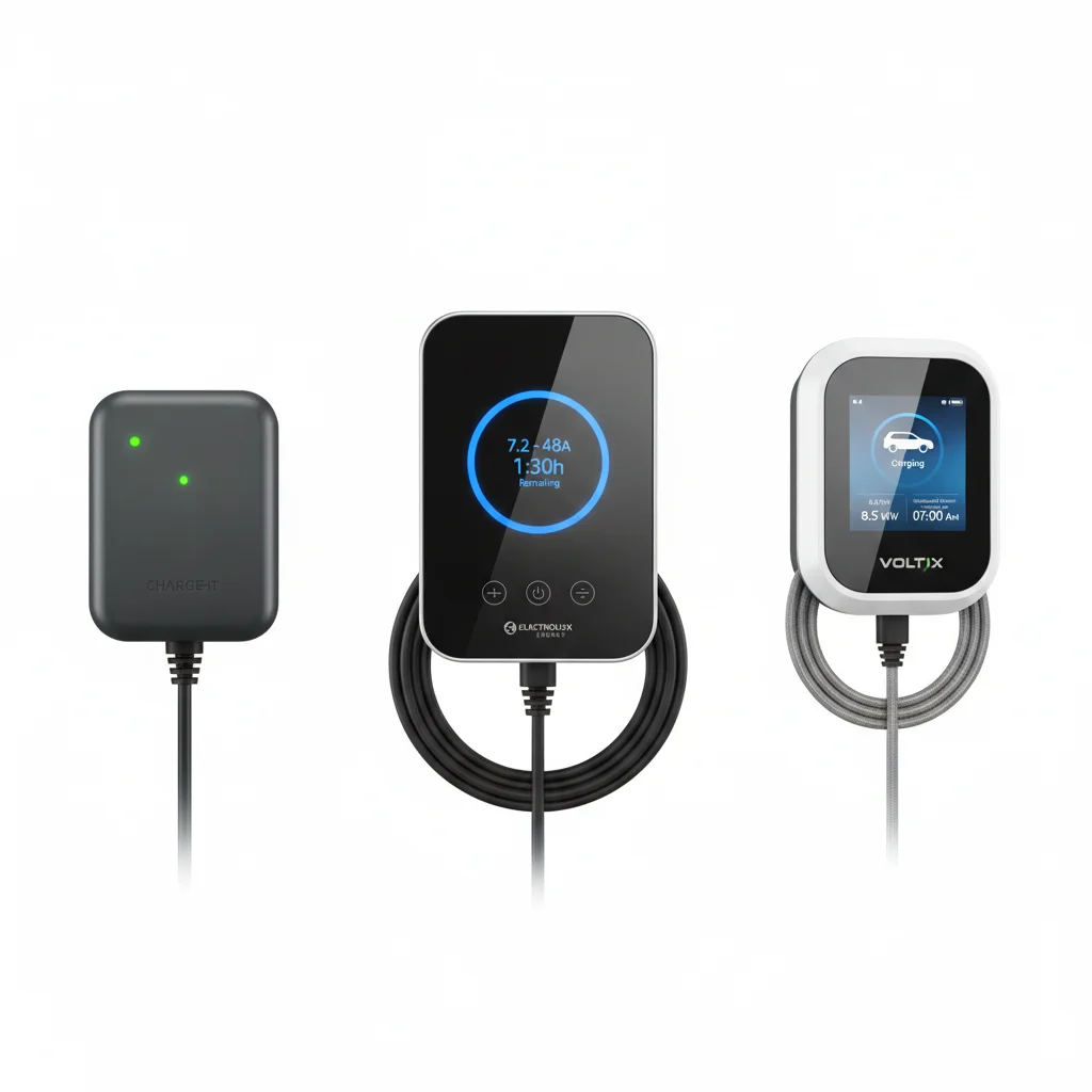 Three Level 2 EV home charger units of varying price tiers displayed side by side for comparison