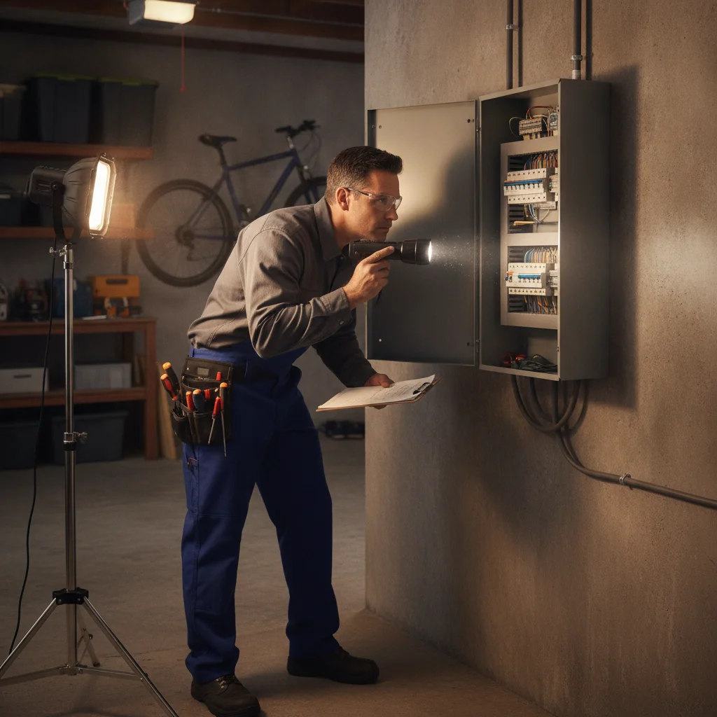 Electrician inspecting a home electrical panel to assess available capacity for a new EV charging circuit