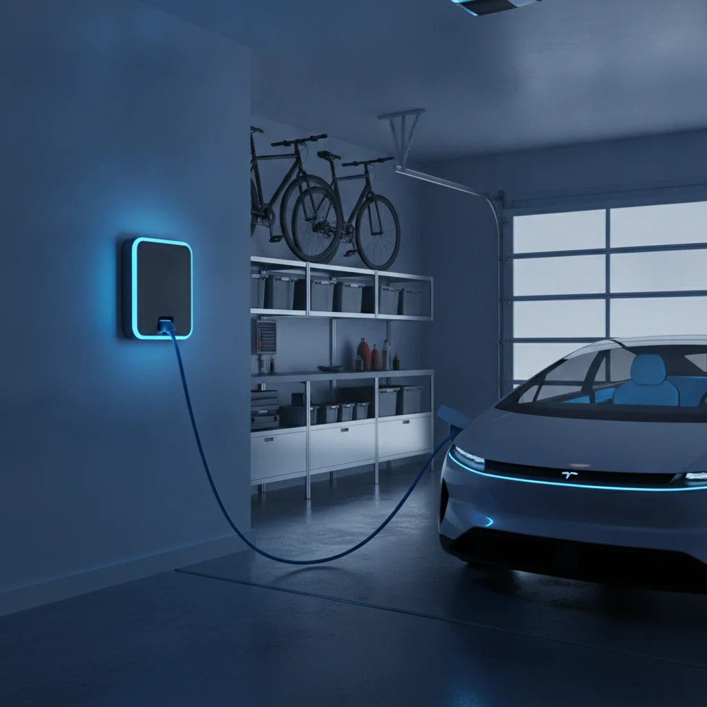 Electric vehicle plugged into a wall-mounted Level 2 home charger in a clean suburban garage at night