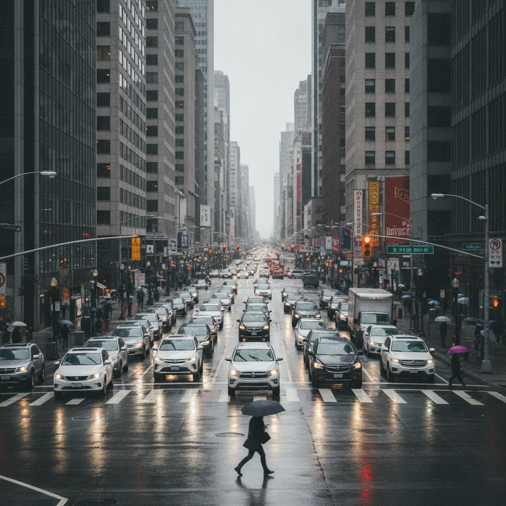 Busy urban intersection with multiple vehicles stopped at a traffic light during the day