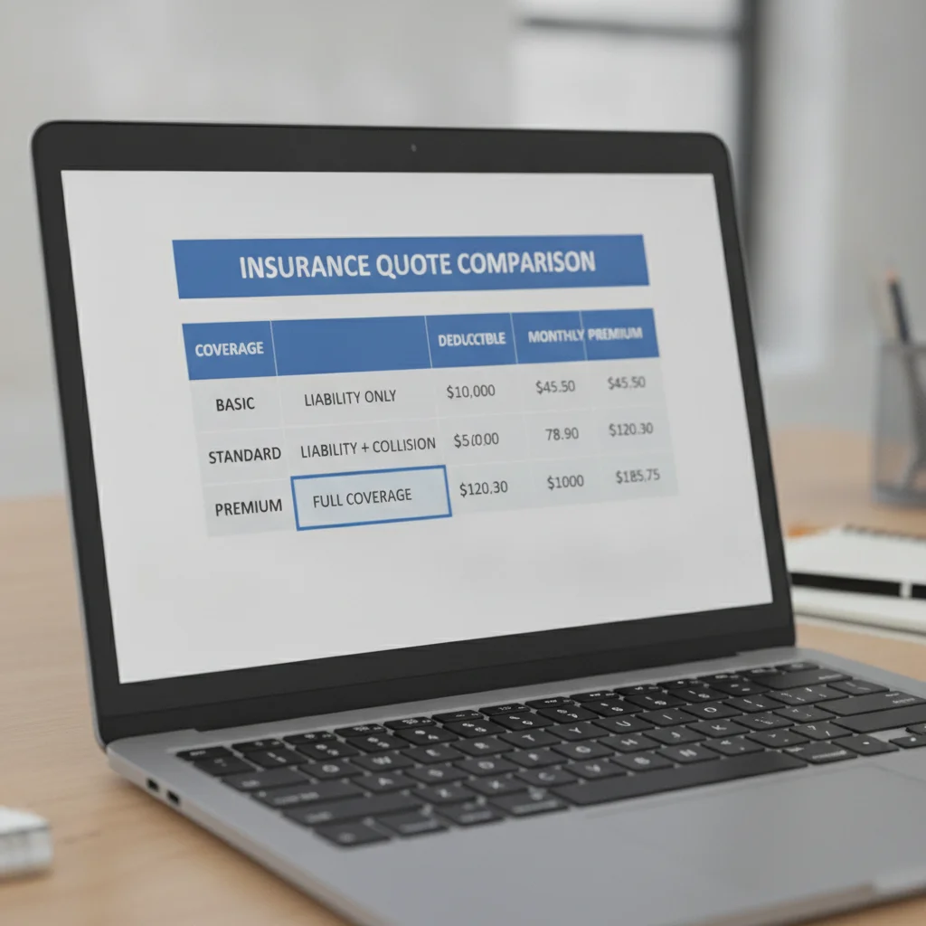 Laptop screen showing an insurance quote comparison table with different coverage tier premiums