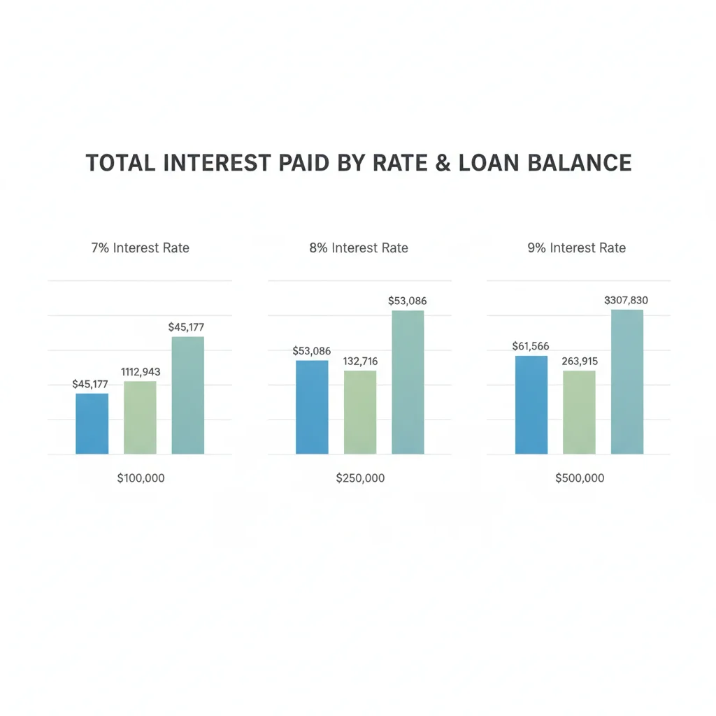 Bar charts comparing total interest paid at three interest rates across three loan balances