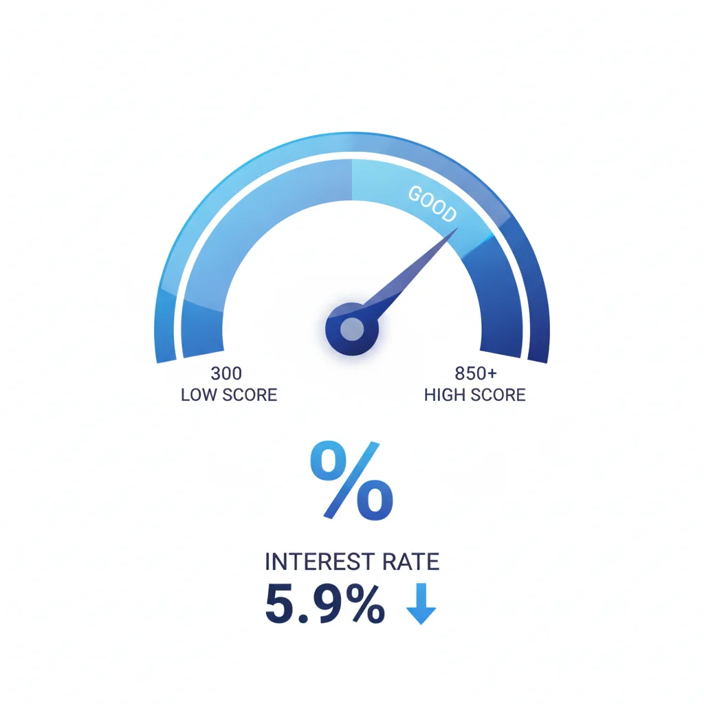 Credit score gauge rising while an interest rate percentage drops, showing the inverse relationship