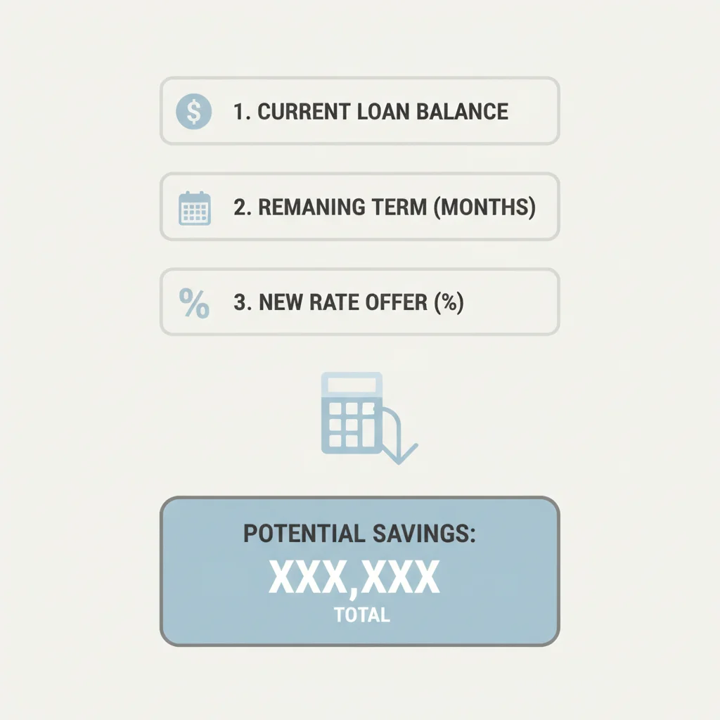 Step-by-step illustration of a refinance savings calculation with three input boxes and a result