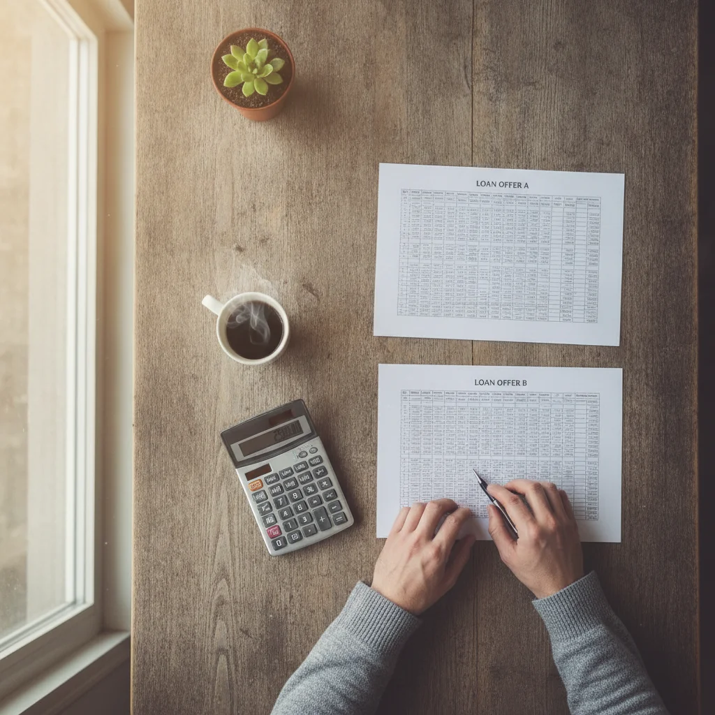 Person comparing two auto loan offer documents on a desk with a calculator