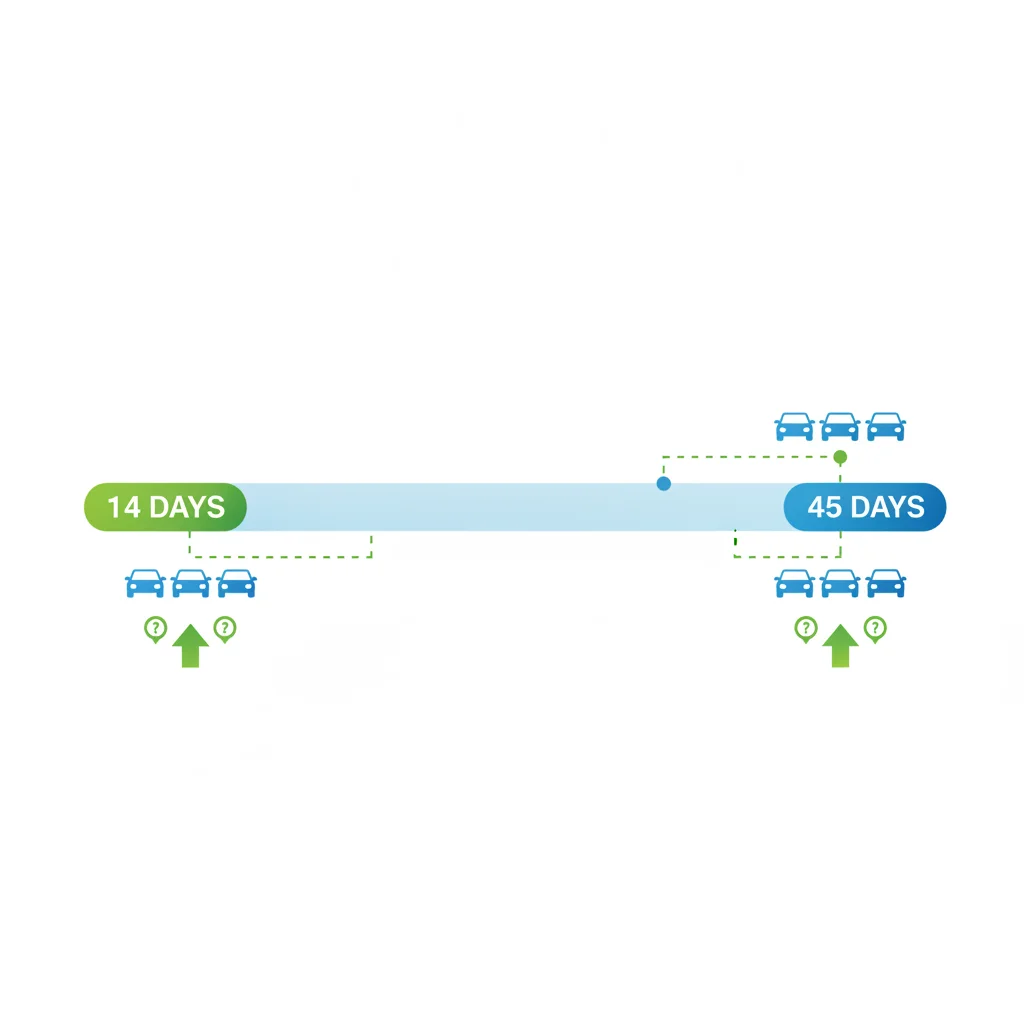 Infographic timeline showing 14-day and 45-day auto loan rate-shopping windows with inquiry clustering