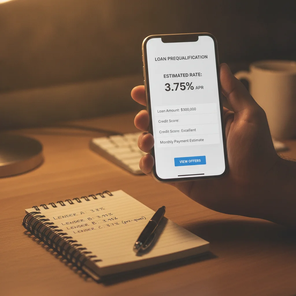Hand holding smartphone with auto loan prequalification screen showing estimated rate, notebook with lender comparisons nearby