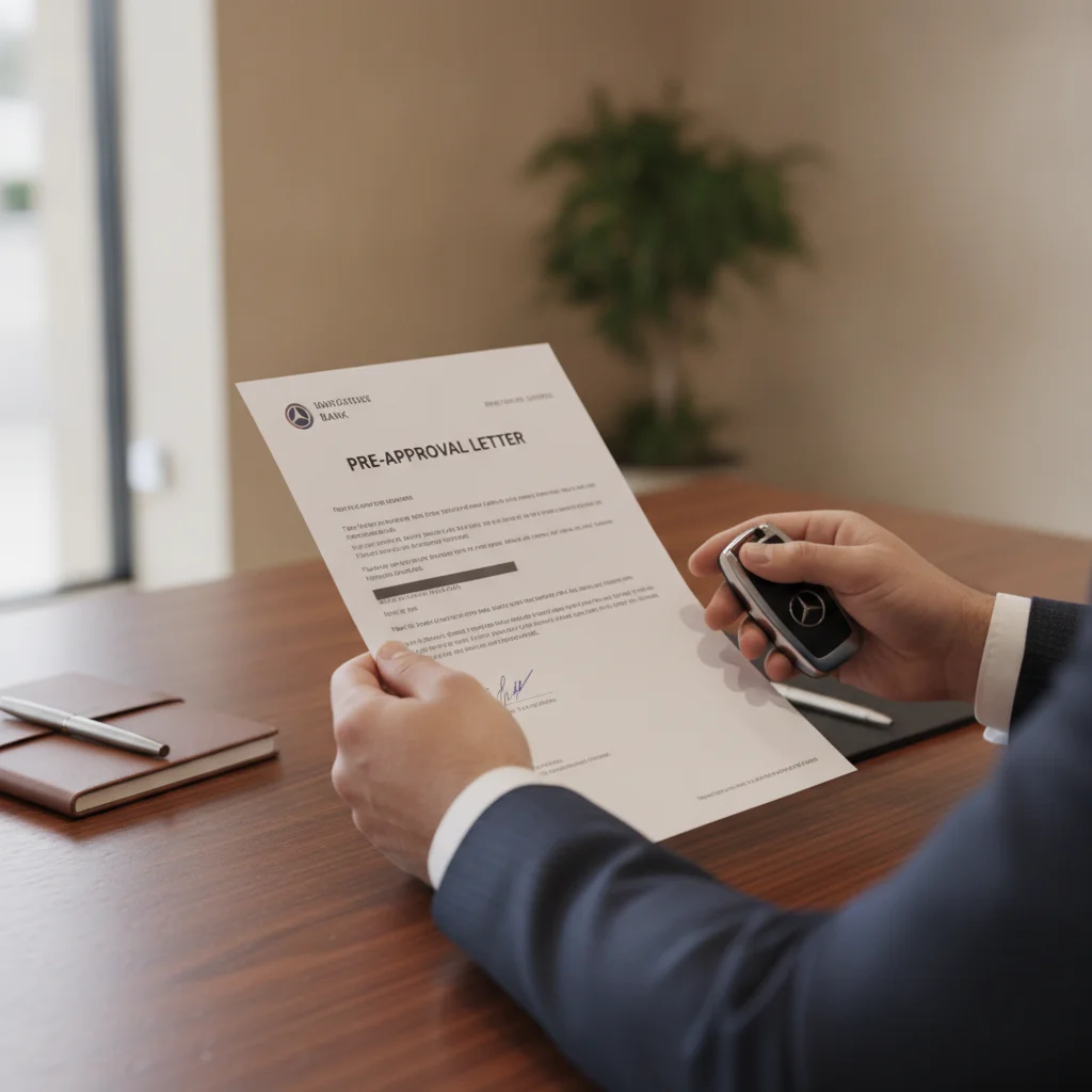 Hands holding a printed auto loan preapproval letter next to a car key on a dealership desk