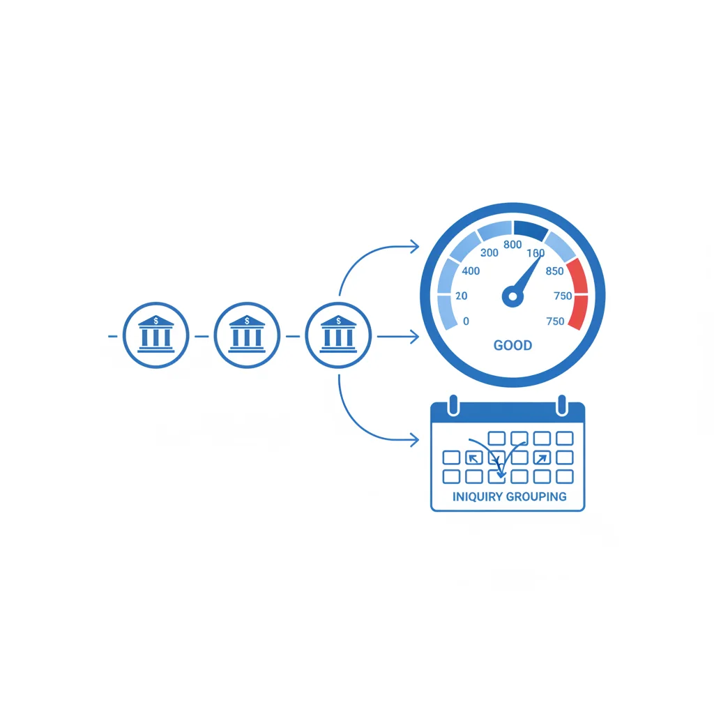 Diagram showing three lender inquiries grouped together within a 14-day rate-shopping window affecting a single credit score
