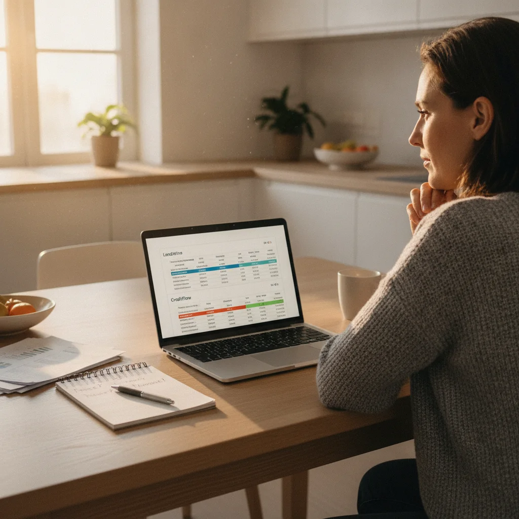 Person comparing auto loan preapproval offers on a laptop at a kitchen table with handwritten notes