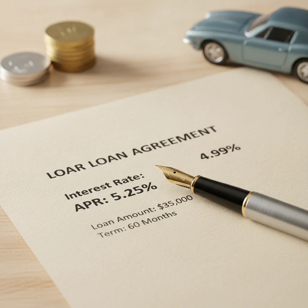 Auto loan document showing APR percentage figures with a pen and coins nearby