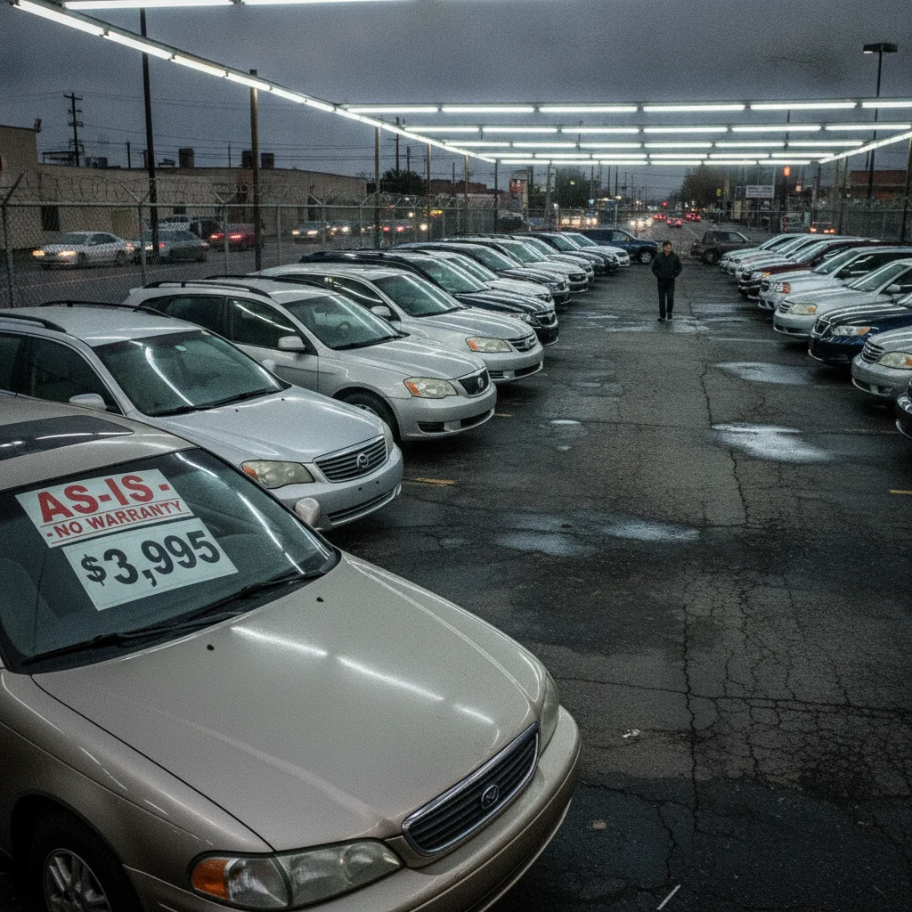 Used car lot at dusk with multiple vehicles and price stickers on windshields
