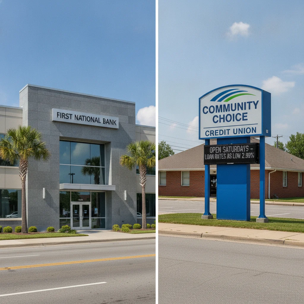 Bank and credit union buildings side by side on a suburban street