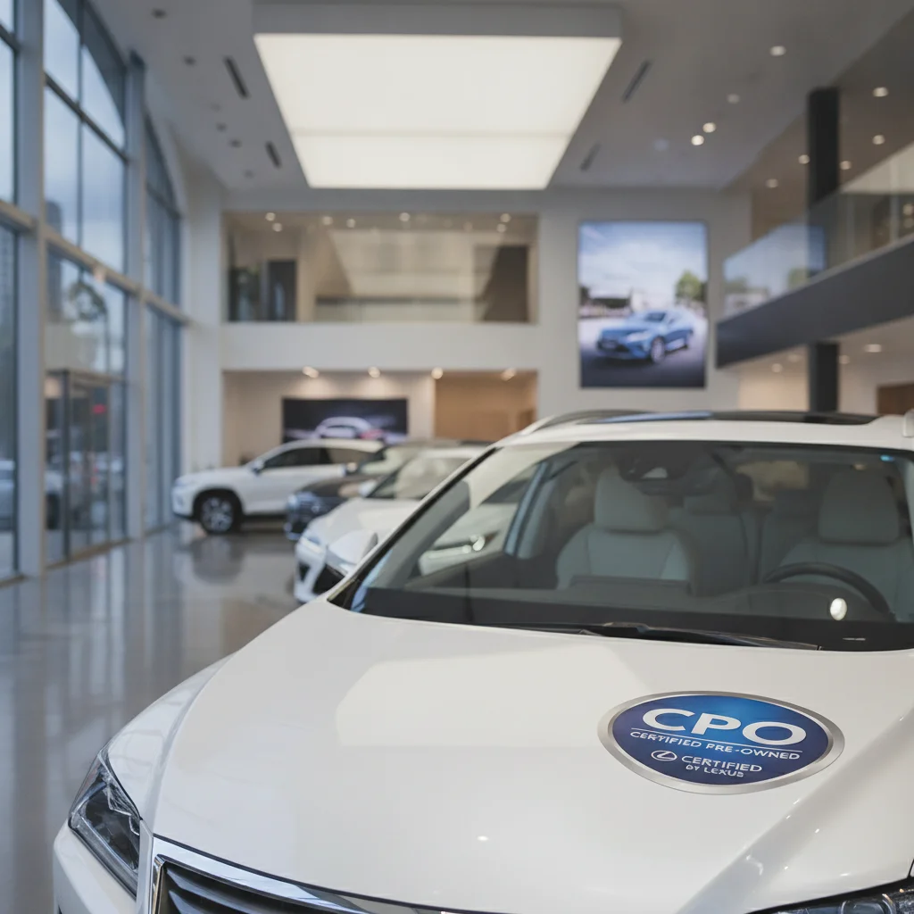 Certified pre-owned vehicle with CPO badge on windshield inside a dealership showroom