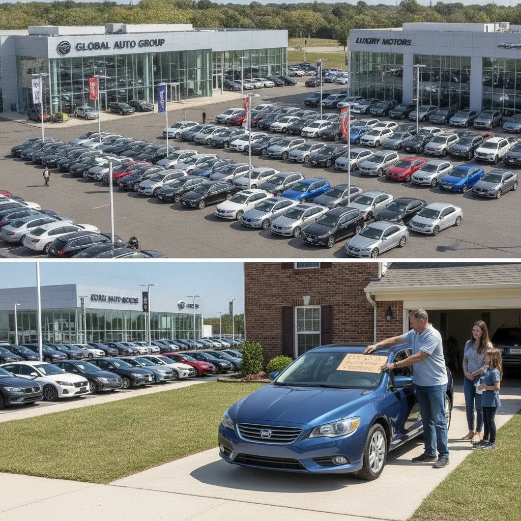 Full dealer lot of new cars compared to a private seller listing a used car in their driveway