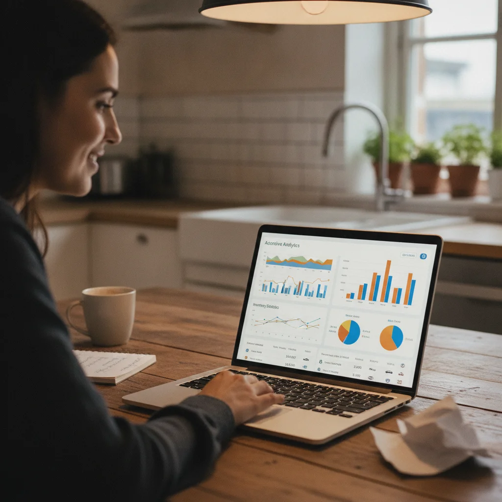 Person reviewing new car inventory data and market statistics on a laptop at home