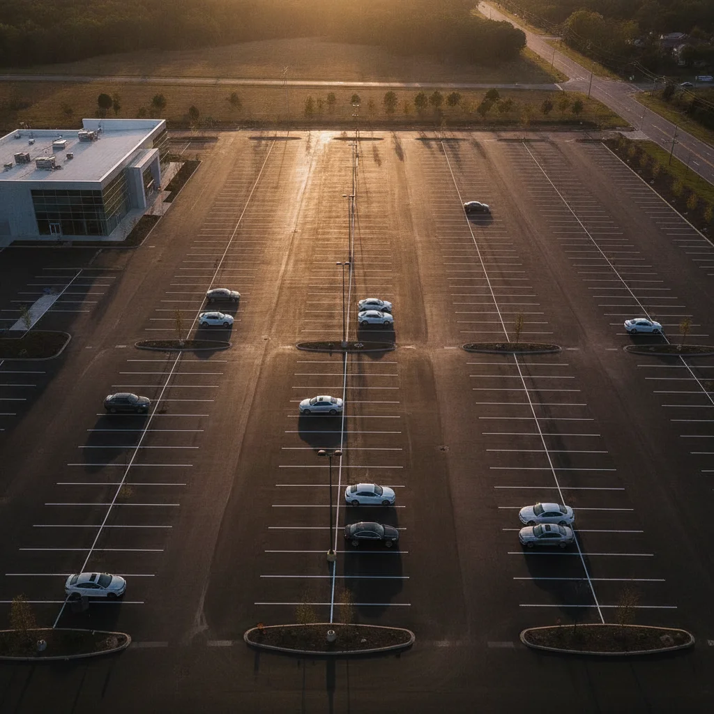 Aerial view of a nearly empty new car dealership lot showing low vehicle inventory