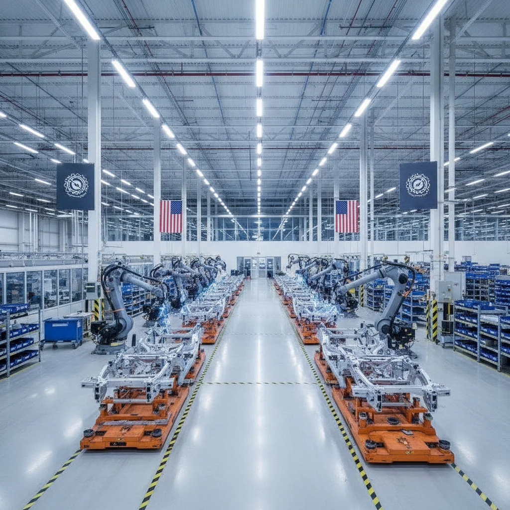 Robotic arms welding electric vehicle frames on a US automotive assembly line