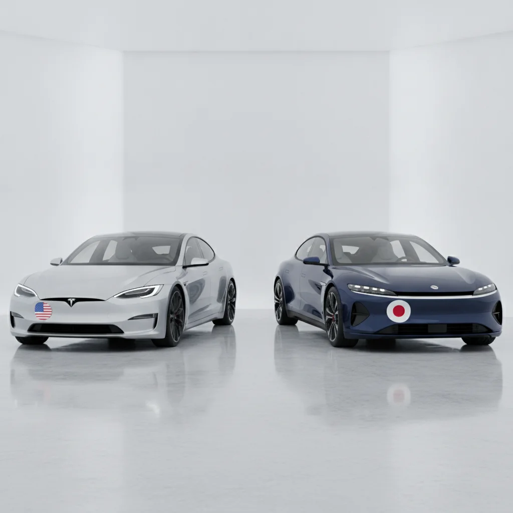 Two electric vehicles side by side in a showroom, one with US assembly badge and one with foreign assembly badge