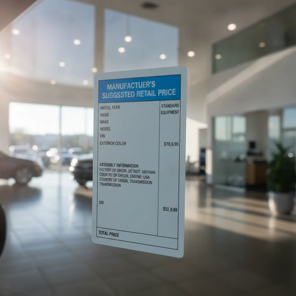 Close-up of an EV window sticker at a dealership showing final assembly location information