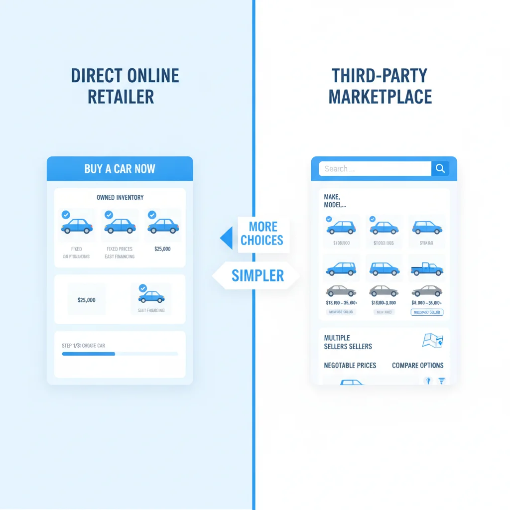 Diagram comparing an inventory-owning online car retailer versus a third-party marketplace listing site